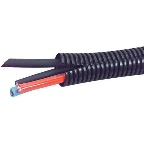 Close-up of Top Shelf One Hundred Feet Split Wire Loom Conduit Tubing in black, showcasing cables for automotive and marine applications.