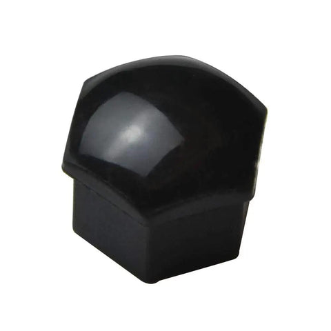 Close-up of a single black lug nut cover from the 17mm Wheel Lug Nut Covers Bolt Caps Kit With Removal Tool 20Pcs Black Durable For Quick Swap And Easy Installation Fits Audi BMW Mercedes Scratch Resistant Finish.
