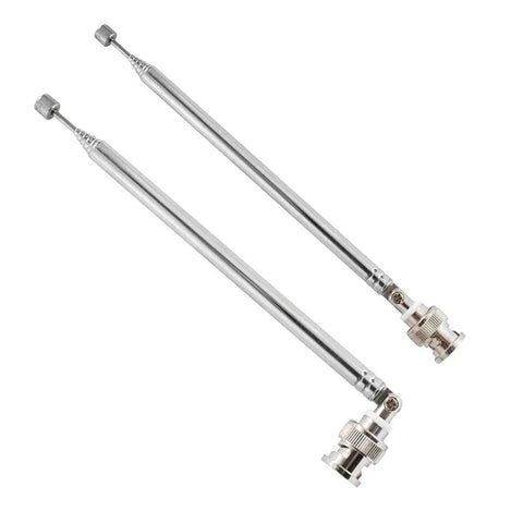 Two silver telescopic BNC male antennas side by side, 7-section design for CB and ham radios, extended and collapsed view.