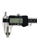 Digital caliper measuring a stainless steel #10 x 1-1/4 inch deck screw between jaws