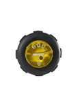 Top view of tool handle with yellow and black finish, showing measurement markings in a circular design.