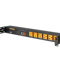 Heavy Duty Six Outlet Power Conditioner With Slick Ip Controls And Precision Metered Strips, six orange outlets, sleek design.