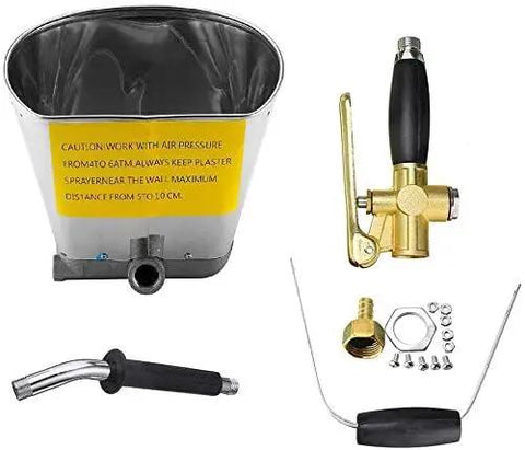 Heavy Duty Pneumatic Hopper Gun Features Four Jet Stucco Sprayer Nozzle For Cement Mortar Plaster And Concrete Wall Painting Acting As A Real Game Changer And Cutting Down Cleanup Hassles Drastically, showcasing the hopper and nozzle parts.