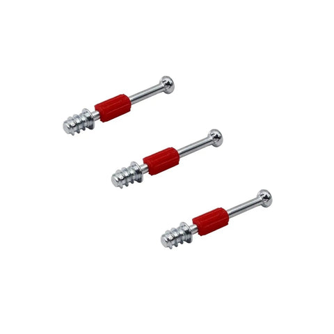 Three red and silver self tapping screws from Two In One Furniture Hardware Kit With Self Tapping Screws And Eccentric Wheel For Rock Solid Joints Heavy Duty Cam Locks For Cabinets Drawers And Desks Diy Install Made Easy Secure And Stable For Everyday Use