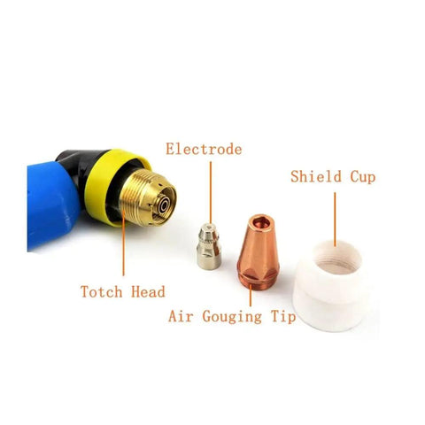 Five Piece P80 Carbon Arc Air Gouging Tips Nozzles For Plasma Cutting Torch Consumables showing torch head and nozzles components.
