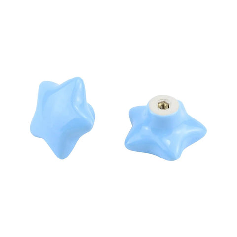 Set Of Six Star Shaped Ceramic Cabinet Knobs With Glossy Finish For Kitchen Drawers And Dressers featuring blue star knobs.