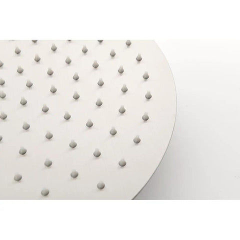 Close-up of 10-inch high-pressure rain head in brushed nickel, showcasing rainfall-style nozzle design for shower system.