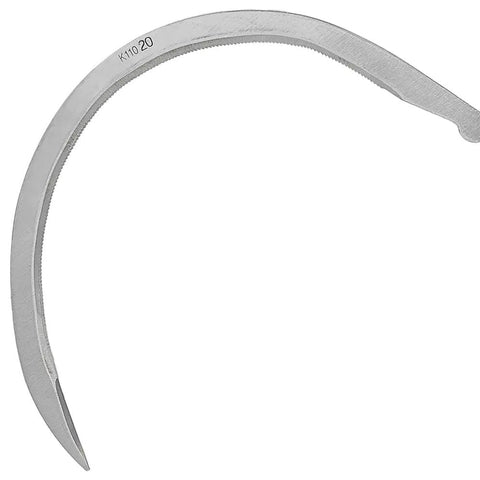 Close-up of 20 Inch Curved Weeding Sickle with Carbon Steel Blade, ideal for weeding, grass and landscape maintenance, wood finish.