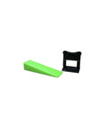 LevTec One Eighth Inch Tile Leveling Clips and green wedge for lippage-free tiling system in bathroom and kitchen flooring.