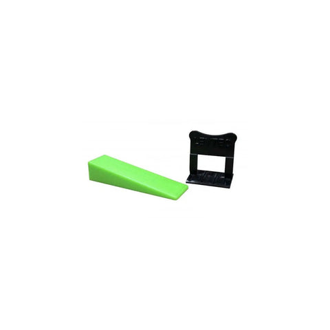 LevTec One Eighth Inch Tile Leveling Clips and green wedge for lippage-free tiling system in bathroom and kitchen flooring.