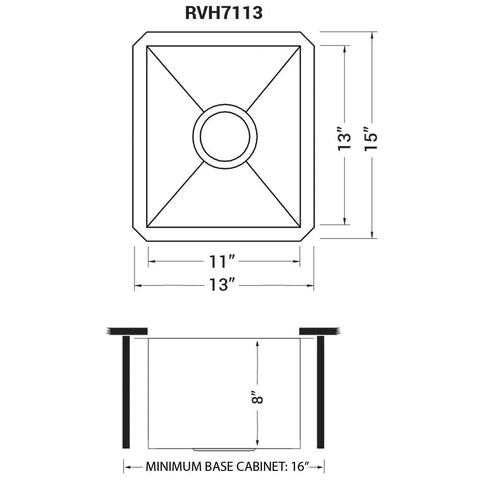 Diagram of 13 By 15 Inch Undermount Bar Prep Kitchen Sink Single Bowl 16 Gauge Stainless Steel Zero Radius Brushed Finish T 304 Grade