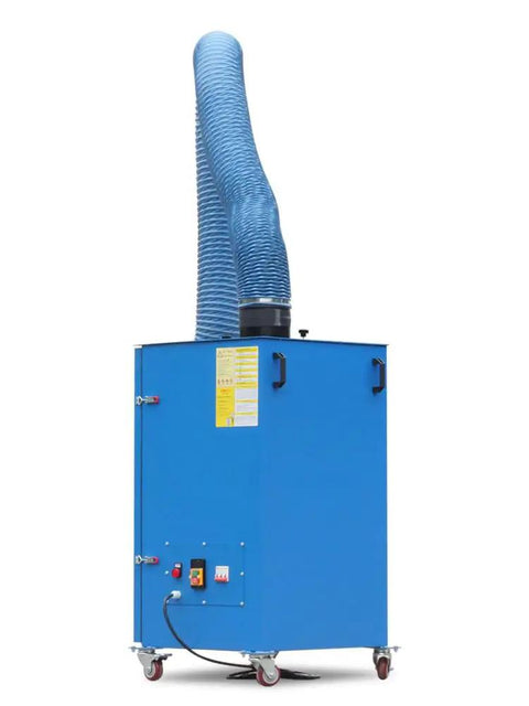 Heavy Duty Mobile Welding Fume Purifier With Dual Arm Extraction Setup And Manual Ash Cleanup, sturdy blue steel frame.