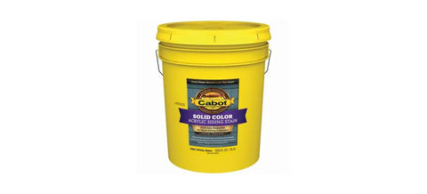Top Shelf Acrylic Siding Stain Solid Color Five Gallon Big Bulk Tub fast drying with yellow packaging for exterior wood coating.