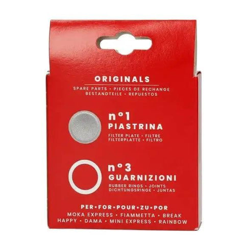 Packaging for Moka Express Spare Parts Kit With 3 Gaskets And 1 Filter Plate For 6 Cup Moka Pots Like Fiammetta Rainbow