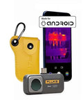 Android USB C Thermal Camera For Smartphones 256 By 192 Infrared Resolution With 10 Plus Color Palettes Minus Ten To Five Hundred Fifty Celsius Temperature Range Precision Plus Or Minus Two Percent Or Two Degrees Plug And Play Professional Grade attached to a smartphone showing infrared imaging, with yellow protective case.