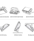 Diagram of Rock Solid Led Floodlight Outdoor Spotlight showing wall, pedestal, and ceiling installation options.