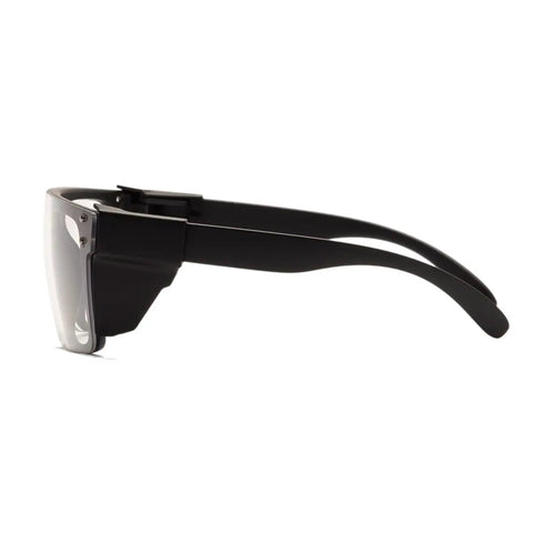 Kickass Ansi Z87 Safety Glasses Featuring Hella Smooth Photochromic Anti Blue Light Lenses With Solid UV400 Protection Lightweight Polycarbonate Frame In Matte Black side view with removable side shields.