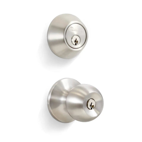 Entry Door Knob Deadbolt Combo Lock Set With Six Keys Satin Stainless Steel Six Pack Adjustable Latch Easy Install Keyed Differently
