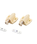 Top Shelf White Cabinet Push To Open Latches 8 Piece Set with two beige magnetic dampers and two metal plates for quiet drawer closure.