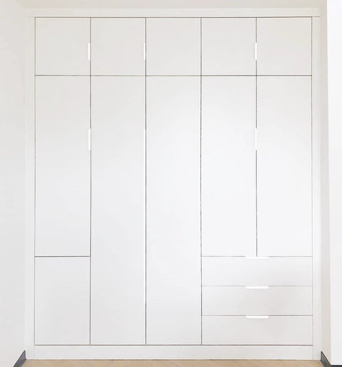 Six Pack White Arc Surface Drawer Pulls For Furniture Cabinets Edge Mount Hidden Cabinet Handles installed on white wardrobe