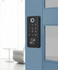 Slick Fingerprint Smart Deadbolt For Front Door Keyless Entry Keypad With Voice Remote Control Auto Lock No Sweat Family Access Smooth Drop In Setup And Chill Peace Of Mind mounted on a blue door.