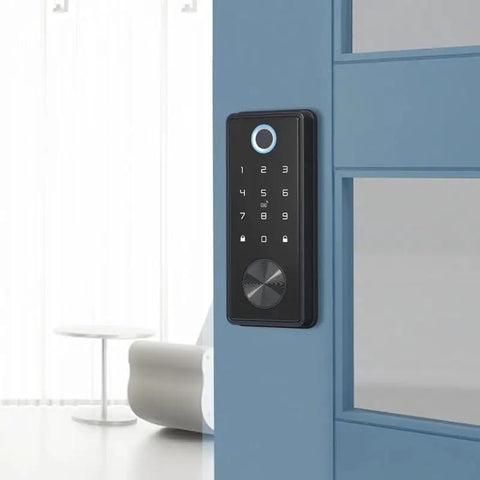 Slick Fingerprint Smart Deadbolt For Front Door Keyless Entry Keypad With Voice Remote Control Auto Lock No Sweat Family Access Smooth Drop In Setup And Chill Peace Of Mind mounted on a blue door.