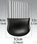 Front view of a large stainless steel wavy crinkle potato cutter with black ergonomic handle for French fries.