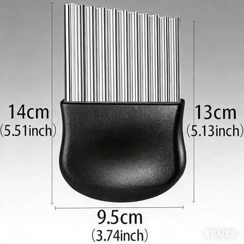 Front view of a large stainless steel wavy crinkle potato cutter with black ergonomic handle for French fries.