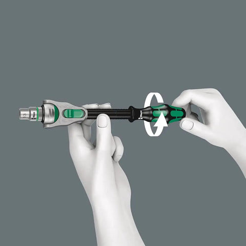 Hands demonstrating use of Zyklop 1/4 Inch Metric Ratchet Set 42 Piece Kit With 13 Sockets, 22 Bits, and adapter for precise turning.