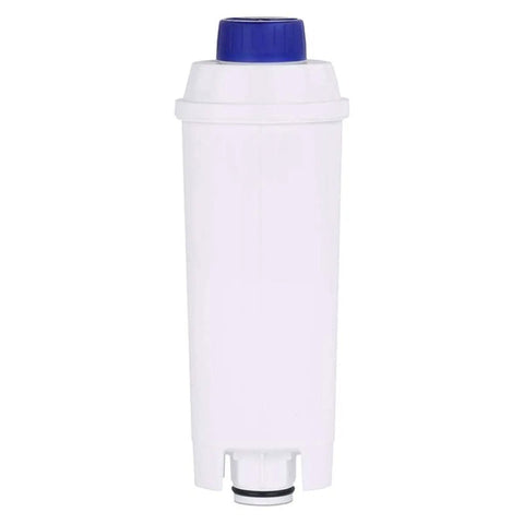 White DLSC002 water filter softener for Delonghi espresso machines with blue cap, reduces limescale, improves performance, replaces SER3017