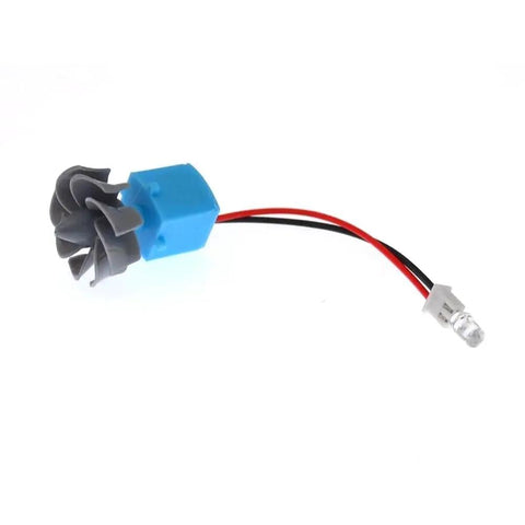 Hands On Mini Wind Turbine And Hydroelectric Generator DIY Kit for Learning, small blue motor with attached LED, plastic material.