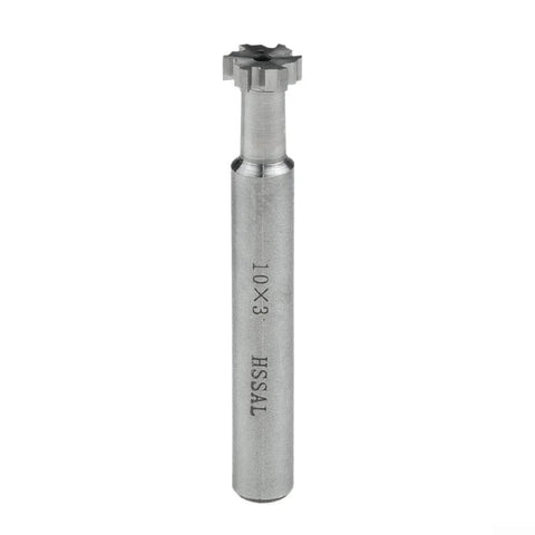 10 mm diameter, 6-flute HSS T-slot end mill; 3 mm slot depth, 6 mm shank, 65 mm overall length
