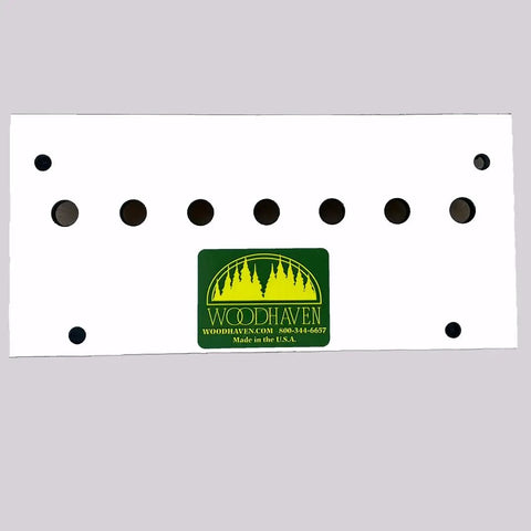 Knockout Quality Shelf Pin Template With One Quarter Inch Self Centering Drill To Hit Marks Dead On For Hassle Free Cabinetry Router Bushing Compatible, white with drill holes.