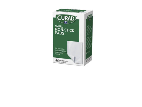 Box of Non Stick Wound Care Pads 2 By 3 Inches 20 Count for Ouchless Removal, shown in packaging.