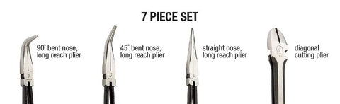 7 Piece Long Reach Pliers Set With Non Slip Comfort Grips And Red Handles For Grabbing In Tight Spots And Reaching Hidden Angles In The Garage Or Home Built Tough With Durable Steel