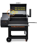 FireBlack hi-temp smoker on a wheeled grill with lid open; gasket edge visible around the lid.