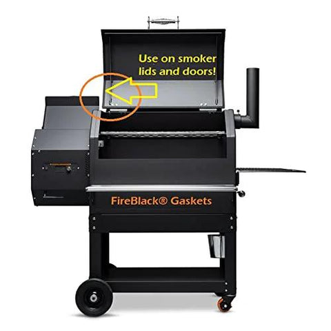 FireBlack hi-temp smoker on a wheeled grill with lid open; gasket edge visible around the lid.