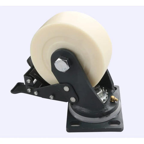 Beefy Heavy Duty Swivel Caster Wheels Set Of 4 With Optional Brakes For Trolleys And Furniture, Industrial Plate Castors, 900 Kg Load Capacity, 4 5 6 8 Inch Options, 100 125 150 200 Mm, close-up of wheel with brake mechanism