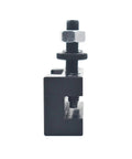 Top Shelf Quick Change Tool Holder Kit For Wedge Style Mini Lathe Up To 12 Inch Swing side view of durable precision tool post with fastener.