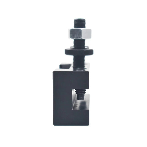 Top Shelf Quick Change Tool Holder Kit For Wedge Style Mini Lathe Up To 12 Inch Swing side view of durable precision tool post with fastener.