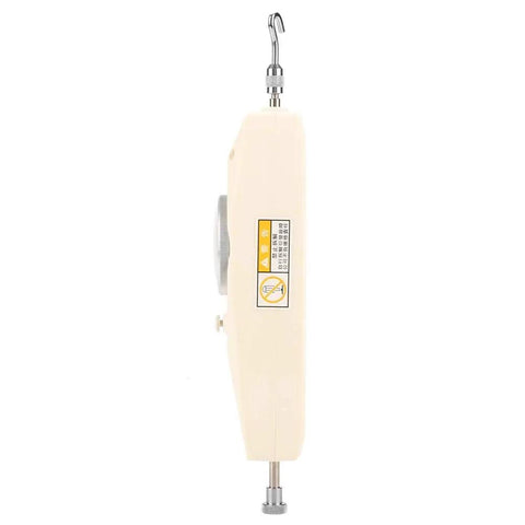 300N Analog Dynamometer Handheld Push Pull Force Gauge for Electronics and Hardware Testing with Pro Grade Dial Meter and Easy Benchtop Use Great for lab work and field testing Auto shop projects and rugged construction., side view of cream handheld analog force gauge with hook ends