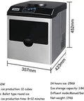 Portable Countertop Ice Maker Cranks Out 55 Pounds Daily In Under 8 Minutes With Zero Sweat, Boasts three sizes and push button clean, image showing dimensions and features.