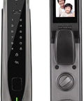 Next Level Smart Indoor Door Lock With Zero Fuss App Remote Control Reliable Fingerprint Scanner Passcode Plus Physical Key Backup Sleek Auto Latch Design, front and side view showing keypad and photo display.