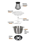 Heavy Duty 350W Electric Meat Grinder And Food Chopper with Stainless Steel Blades, parts layout including 304 steel bowl and upper/lower blades.