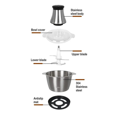 Heavy Duty Electric Meat Grinder And Chopper With 350W Copper Motor Stainless Steel Blade parts including bowl cover, steel blades, and base.