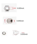 Nut caps shown in various angles, measuring 0.055 inch, part of Top Shelf Stainless Steel Eyeglass Repair Kit For Rimless Glasses.