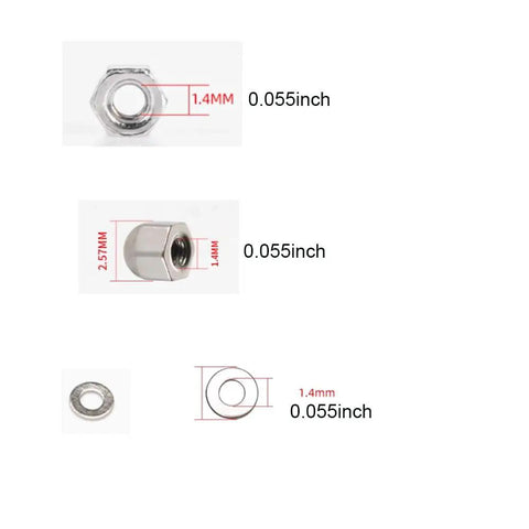 Nut caps shown in various angles, measuring 0.055 inch, part of Top Shelf Stainless Steel Eyeglass Repair Kit For Rimless Glasses.