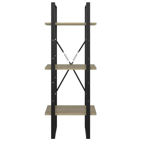 Front view of Three Tier Industrial Book Cabinet in Sonoma Oak and Black Finish, narrow wood and metal display shelf.