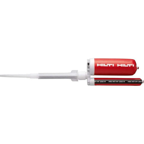 HY 200-R Injectable Mortar Two-Pack for Fast-Setting Concrete and Masonry Repairs with red cartridge and nozzle