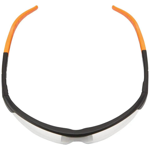 Top Tier Semi Frame Safety Glasses With Clear Lens Pack Serious Eye Protection And Scratch Resistant Coating seen from the front with orange side arms.